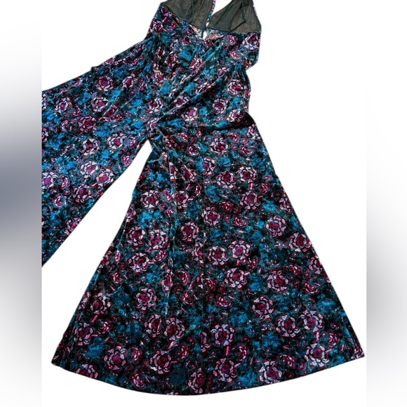 Free People Volcano Super Wide Leg Velvet Floral Jumpsuit Green Pink Size Large - Picture 12 of 15